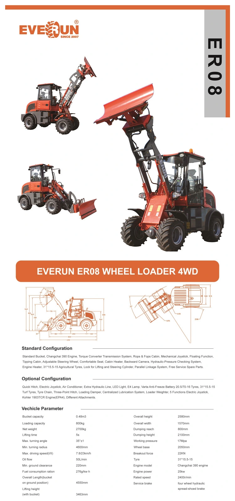 Everun New Deisgn Er08 Small Wheel Loader with Sweeper